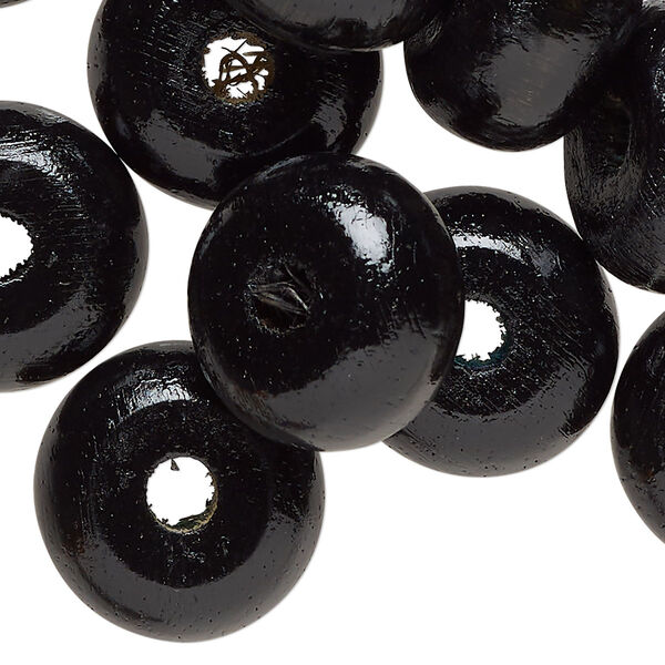 Bead, wood (dyed/waxed), black, 20x11mm rondelle. Sold per pkg of 50. image number 0
