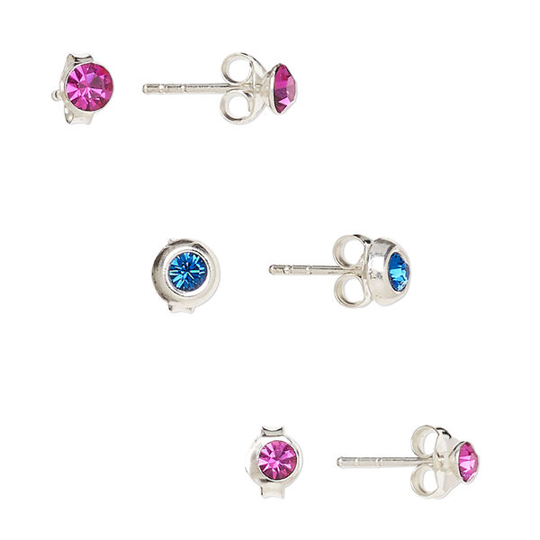 Earstud, Preciosa Czech glass rhinestone and sterling silver, fuchsia and cobalt, 3.5mm / 4mm / 5.5mm round with post. Sold per pkg of 3 pairs. image number 0