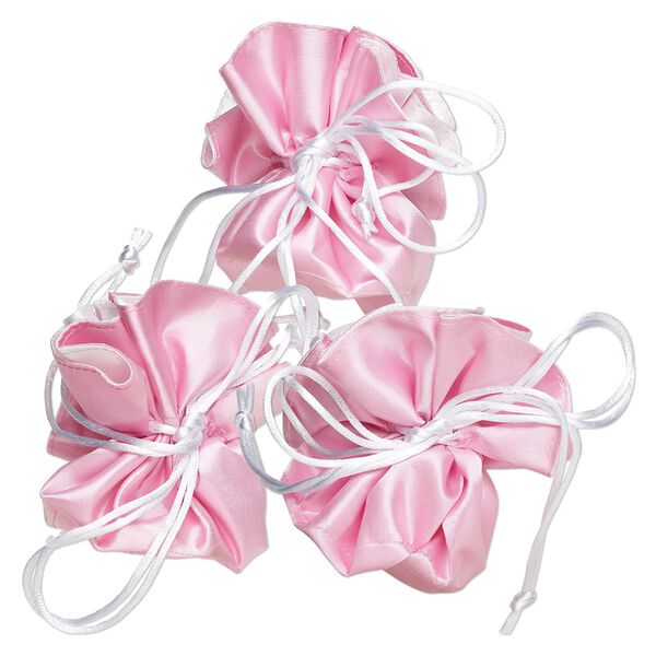 Pouch, rayon, pkg/3, pink and white, 3-1/2x3-inch round with drawstring. image number 0