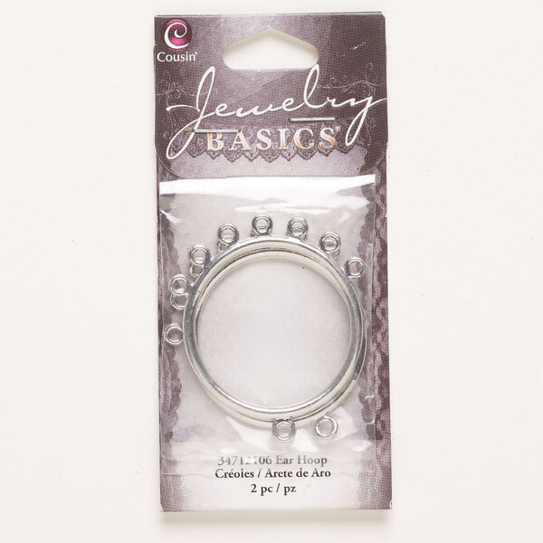 Focal, brass, pkg/2, silver finish, 34mm open round with 7 bottom loops. image number 0