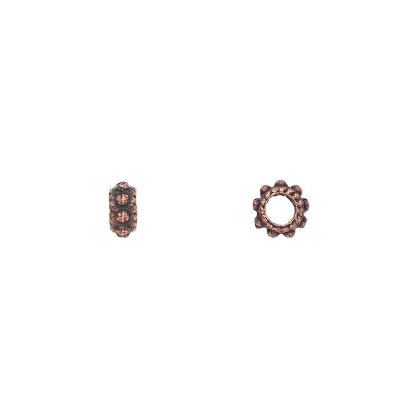 Bead, antique copper-plated "pewter" (zinc-based alloy), 6x2mm double-sided beaded rondelle with rope edge. Sold per pkg of 100. image number 0