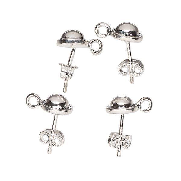 Earstud 1pkg4 sterling silver, 8mm half ball / open loop, antiqued 2 pair image number 0