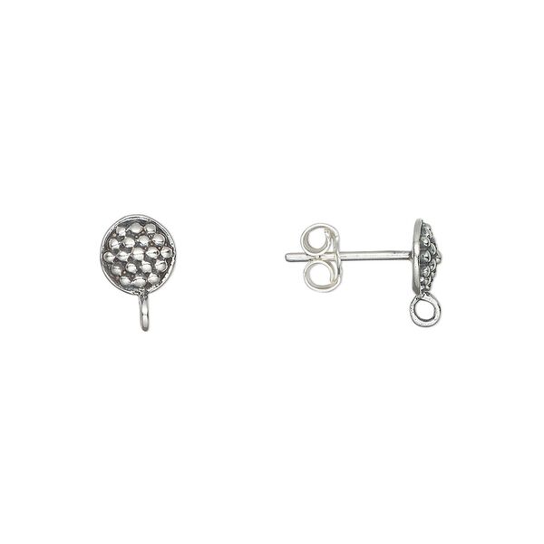 Earstud 1pkg2 sterling silver, 6mm beaded round / closed loop, 20 gauge antiqued 1 pair image number 0