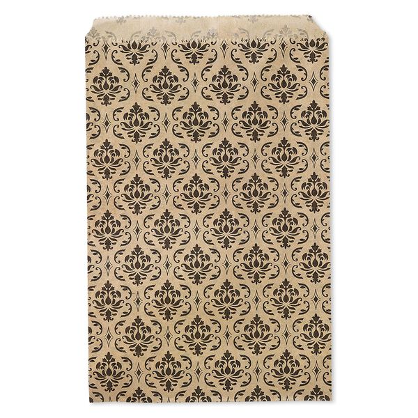 Bag, paper, brown and black, 9x6 inches with damask print and scalloped top edge. Sold per pkg of 100. image number 0