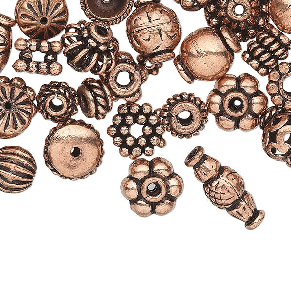 Bead and bead cap, antiqued copper, 4x1mm-11x5mm assorted sizes in 50 styles, 2 of each style. Sold per pkg of 100. image number 0