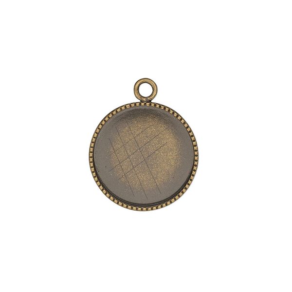 Drop, antiqued brass, 16mm round with beaded edge and 15mm round bezel cup setting. Sold per pkg of 6. image number 0