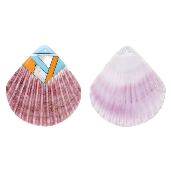 Focal, sea scallop shell / multi-shell / resin (dyed/assembled), mauve / turquoise blue / multicolored, 53x50mm, Mohs hardness 3-1/2. Sold individually. image number 0