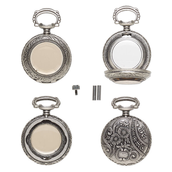 Watch body, acrylic and antique silver-finished "pewter" (zinc-based alloy), transparent brown, 41x27mm with 27mm round and floral design. Sold per 5-piece set. image number 0