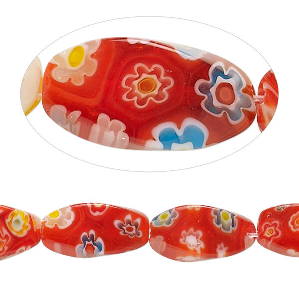 Bead, millefiori glass, translucent red and multicolored, 16x8mm 4-sided twisted oval. Sold per 15-inch strand, approximately 20 beads. image number 0