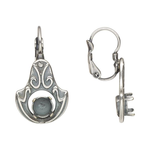 Ear wire, JBB Findings, antique silver-plated pewter (tin-based alloy), 28mm leverback with modified fancy teardrop and SS29 chaton or rivoli 4-prong setting. Sold per pair. image number 0