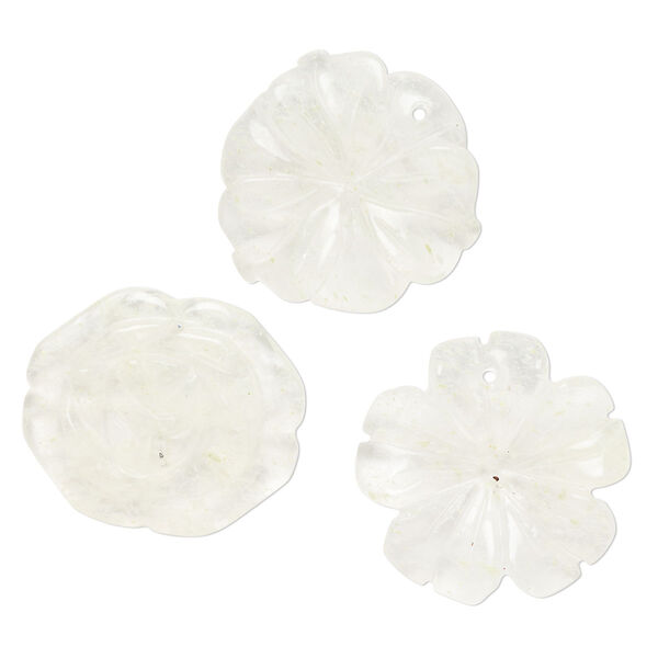 Drop mix, glass, translucent speckled neon yellow, 30x26mm-30x30mm top-drilled, carved flower. Sold per pkg of 3. image number 0