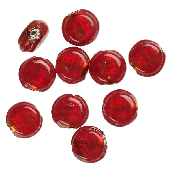 Bead, lampworked glass, opaque red, 12x7mm-10x6mm flat round with silver-colored foil. Sold per pkg of 10. image number 0