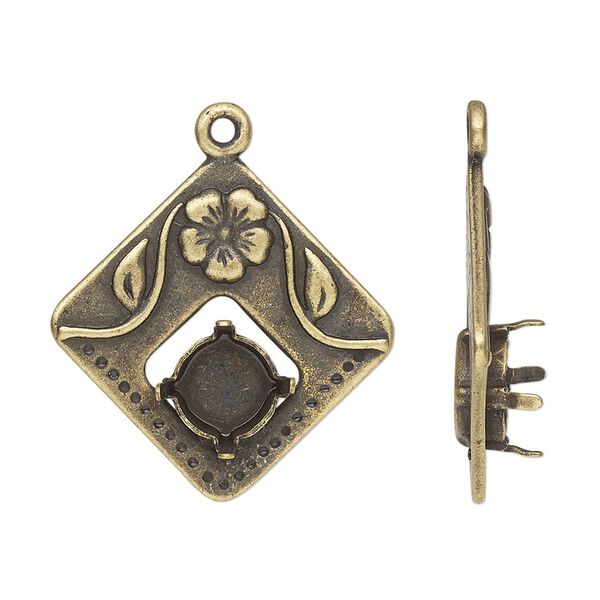 Drop, JBB Findings, antique brass-plated pewter (tin-based alloy), 25mm single-sided diamond with flower design and SS39 chaton or rivoli 4-prong setting. Sold individually. image number 0