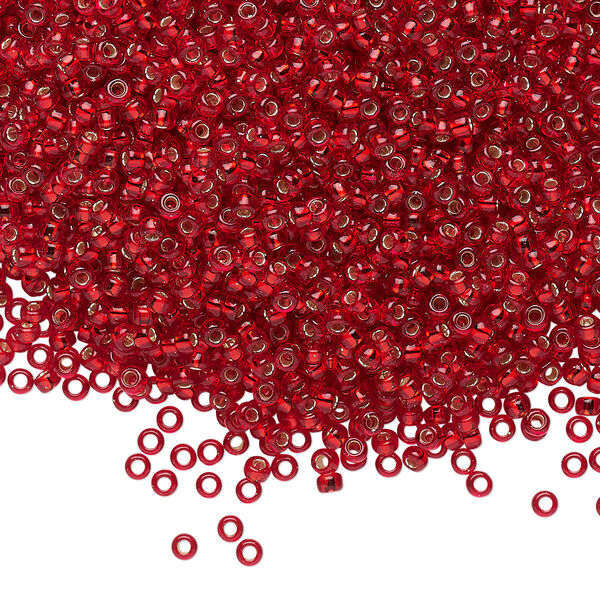 Seed bead, Miyuki, glass, pkg/25g, #11 rocaille, transparent silver-lined ruby red, (RR-11). image number 0