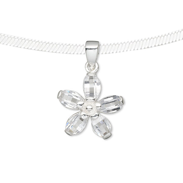 Pendant, sterling silver and cubic zirconia, clear, 16x16mm flower. Sold individually. image number 0