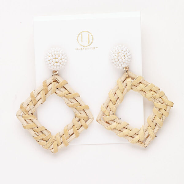 Earstud, steel / glass / rattan (natural), pkg/pair, 2-1/2 inch woven diamond with comfort clutch, gold finish / white / brown. image number 0