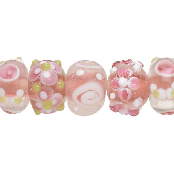 Bead, lampworked glass, multicolored, 14x8mm-15x10mm bumpy rondelle with assorted flower and swirl designs. Sold per pkg of 20. image number 0