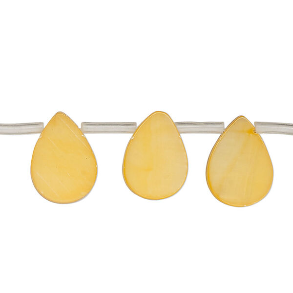 Bead, mother-of-pearl shell (dyed), orange, 13x3mm-14x9mm top-drilled flat teardrop, Mohs hardness 3-1/2. Sold per 13-inch strand, approximately 25 beads. image number 0