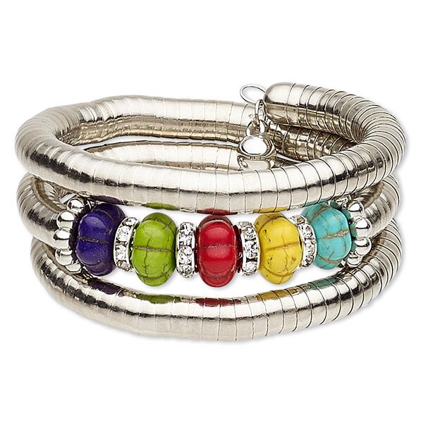 Bracelet, magnesite (dyed / stabilized) / glass rhinestone / steel memory wire / silver-coated plastic / silver-plated steel, multicolored, 32mm wide spiral, 7-inch adjustable. Sold individually. image number 0
