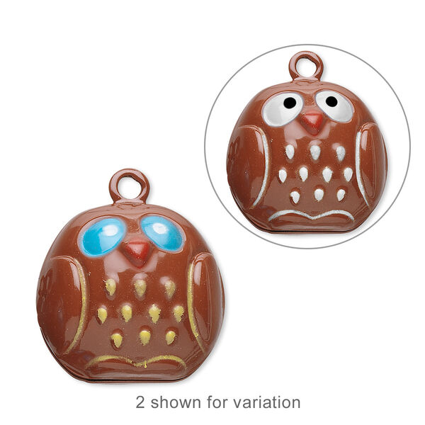 Bell, brass and enamel, multicolored, 20x19mm owl with clapper. Sold per pkg of 6. image number 0