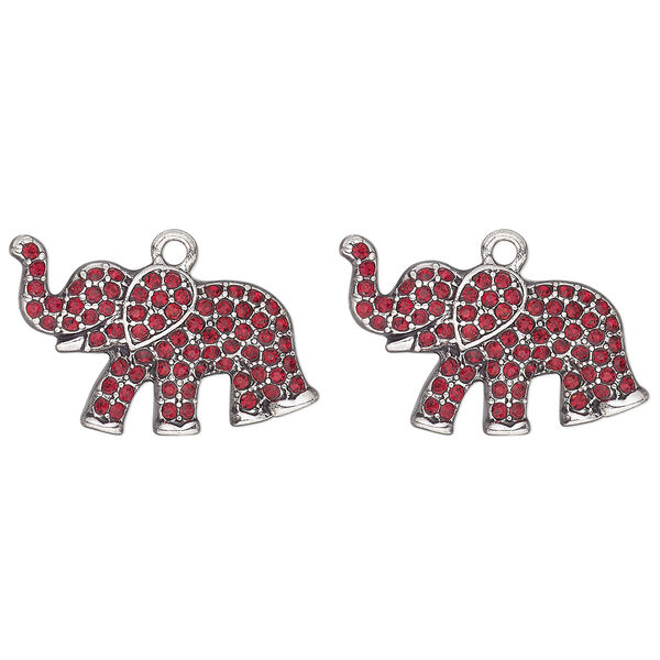 Charm, antique silver-finished "pewter" (zinc-based alloy) and glass, red, 28x16mm single-sided elephant. Sold per pkg of 2. image number 0