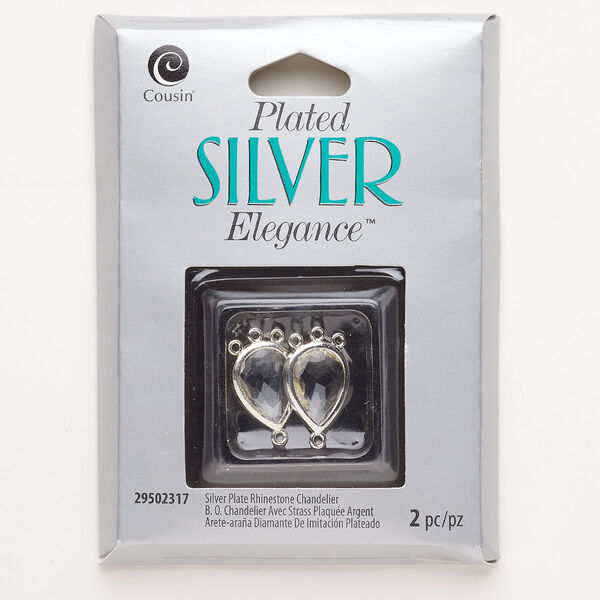 Drop, "pewter" (zinc-based alloy) and acrylic, pkg/2, silver finish and clear, 16x12mm faceted teardrop. image number 0