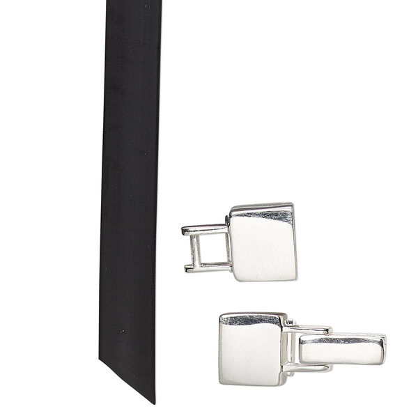 Cord and clasp, rubber and sterling silver, black, 8-inch 8mm flat and 30x9mm fold-over. Sold per 3-piece set. image number 0