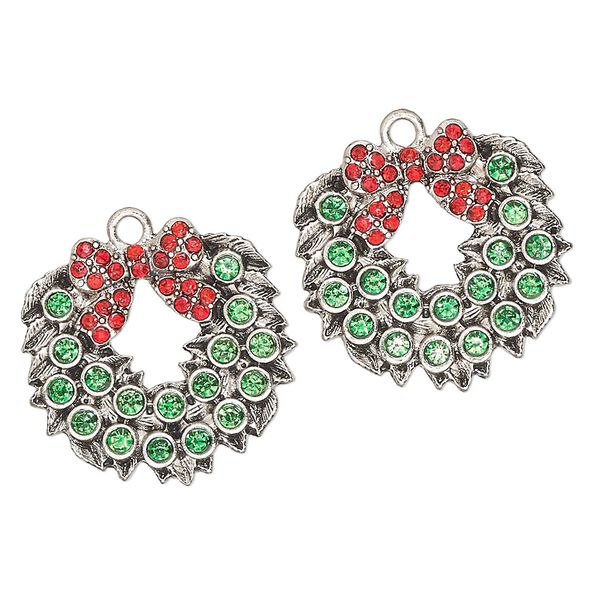 Charm, antique silver-finished "pewter" (zinc-based alloy) and glass, green and red, 25x24mm single-sided Christmas wreath. Sold per pkg of 2. image number 0