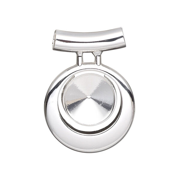 Pendant, Almost Instant Jewelry®, silver-finished "pewter" (zinc-based alloy), 31x22mm single-sided round go-go, 3.5mm hole with 12mm rivoli setting and tube bail. Sold individually. image number 0