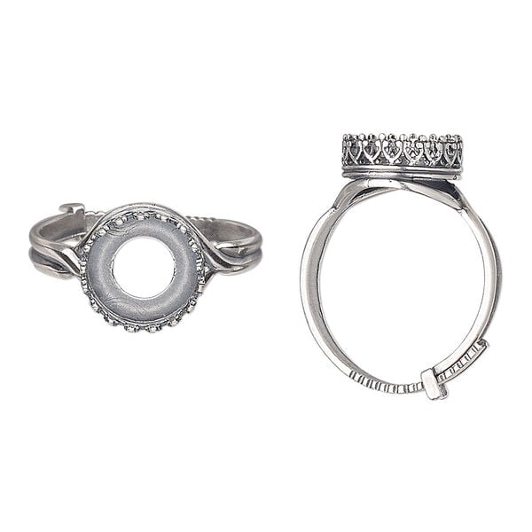 Ring, JBB Findings, antique silver-plated brass, 12mm wide with decorative trim and 10mm round bezel setting, adjustable from size 8-11. Sold individually. image number 0