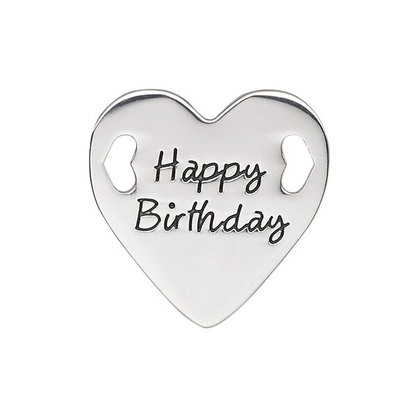 Link, antique silver-finished "pewter" (zinc-based alloy), 25.5mm single-sided flat heart with "Happy Birthday." Sold individually. image number 0
