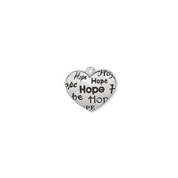 Charm, antique silver-plated "pewter" (zinc-based alloy), 25x21mm single-sided heart with multiple "Hope." Sold individually. image number 0
