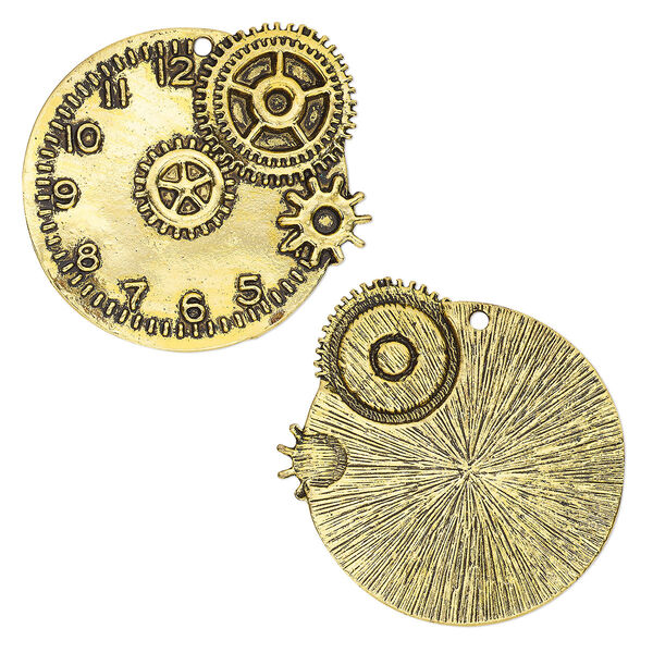 Focal, antique gold-finished "pewter" (zinc-based alloy), 47x45mm single-sided clock gears. Sold individually. image number 0