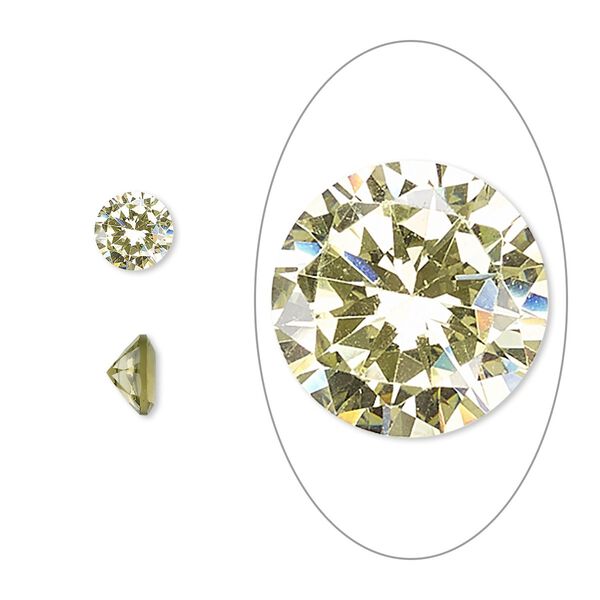 Gem, cubic zirconia, peridot green, 6mm faceted round, Mohs hardness 8-1/2. Sold per pkg of 2. image number 0