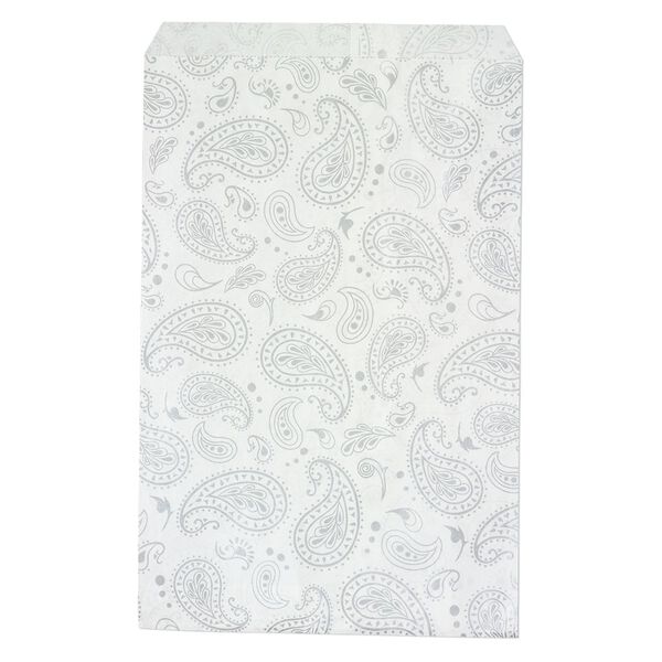 Bag, paper, white and silver, 9x6 inch rectangle with paisley-print and scalloped top edge. Sold per pkg of 100. image number 0