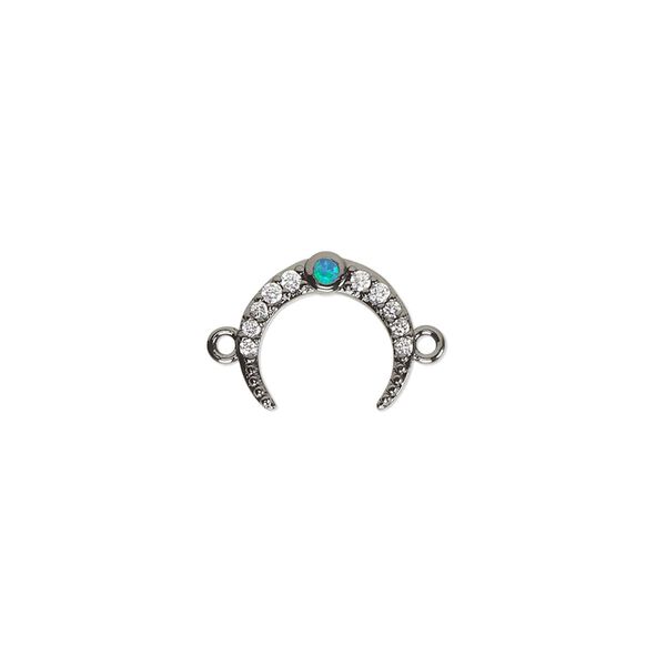 Link, cubic zirconia / glass rhinestone / black-finished brass, clear and green, 12x10mm single-sided naja. Sold individually. image number 0