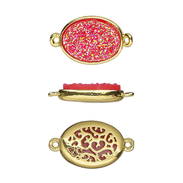 Link, Druzylite™, "druzy" (resin) and gold-finished brass, hot pink, 15.5x11.5mm two-sided oval with open filigree back. Sold per pkg of 4. image number 0
