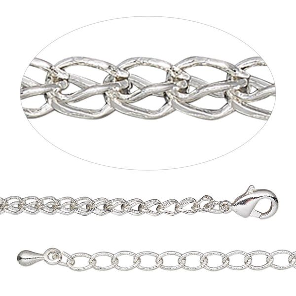 Chain, silver-plated brass, 2.2mm double teardrop, 18 inches with 2-inch extender chain and lobster claw clasp. Sold individually. image number 0