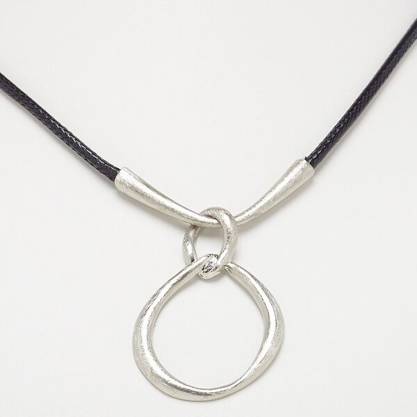 Necklace, imitation leather with imitation rhodium-plated steel and "pewter" (zinc-based alloy), black, 56x40mm scratched double loop, 18 inches with 3-inch extender chain and lobster claw clasp. Sold individually. image number 0