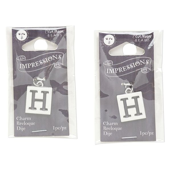 Drop, silver-finished "pewter" (zinc-based alloy) and steel, 16x15mm square with cutout alphabet letter "H." Sold per pkg of 2. image number 0