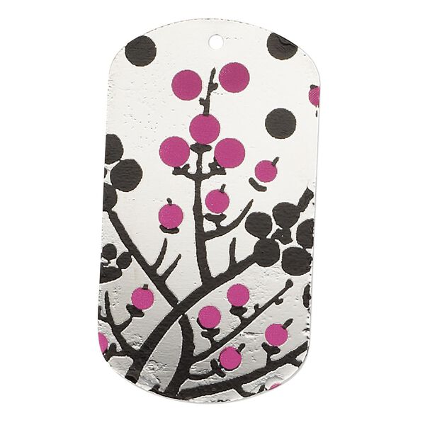 Focal, imitation rhodium-finished carbon steel, black and pink, 40x22mm single-sided dog tag with cherry blossom design. Sold per pkg of 2. image number 0