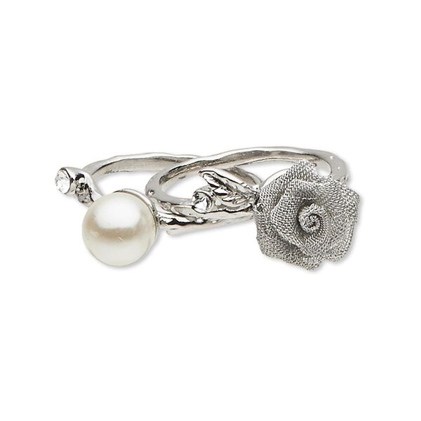 Ring, crystals / acrylic pearl / brass / imitation rhodium-plated "pewter" (zinc-based alloy), white / grey / crystal clear, 8mm round and 11mm flower, size 8. Sold per pkg of 2. image number 0