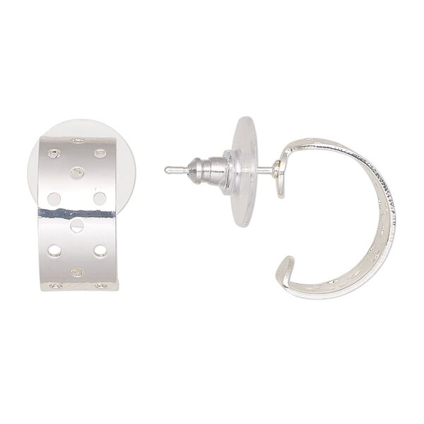 Earstud hoop 1pkg10, 16x8mm perforated half-round / comfort clutch earnut, silver-finished brass / acrylic clear 5 pair image number 0