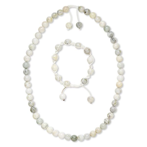 Green earth "jasper" / nylon 1pkg2 round necklace / bracelet natural 7-10 inch / 22-25 inch / adjustable macramé clasp 9-10mm image number 0