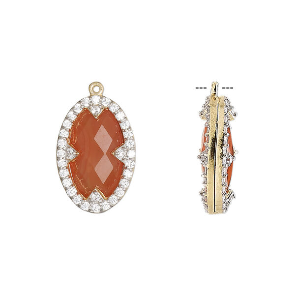 Drop, carnelian (dyed / heated) / cubic zirconia / gold-finished sterling silver, clear, 18x12mm double-sided faceted oval. Sold individually. image number 0
