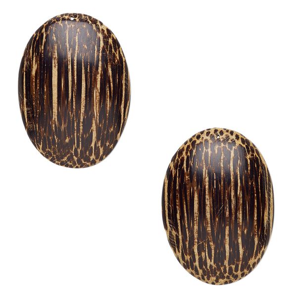 Focal, coconut palm wood (waxed), 40x29mm hand-cut flat backed domed oval. Sold per pkg of 2. image number 0
