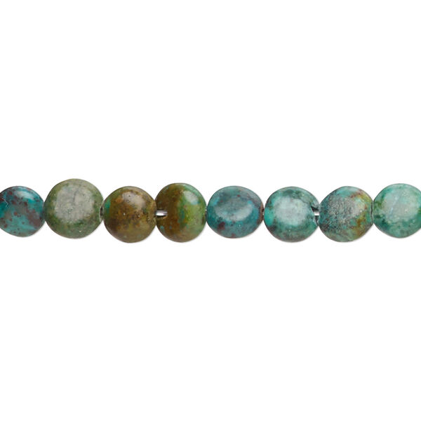 Bead, turquoise (dyed / stabilized), green-brown, 6-7mm puffed flat oval with 0.8-1.1mm hole, C- grade, Mohs hardness 5 to 6. Sold per 15-inch strand. image number 0