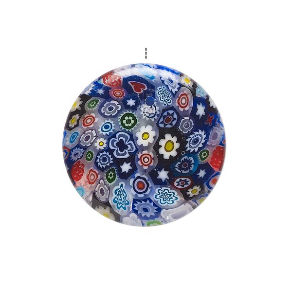 Drop, millefiori glass, translucent multicolored, 24-26mm top-drilled puffed flat round with flower design. Sold individually. image number 0