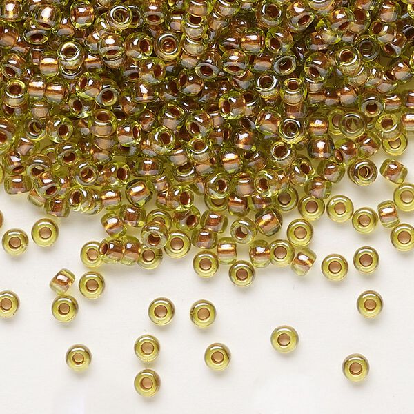 Seed bead, Miyuki, glass, pkg/250g, #8 rocaille, opaque copper pearl-lined chartreuse, (RR-3805). image number 0