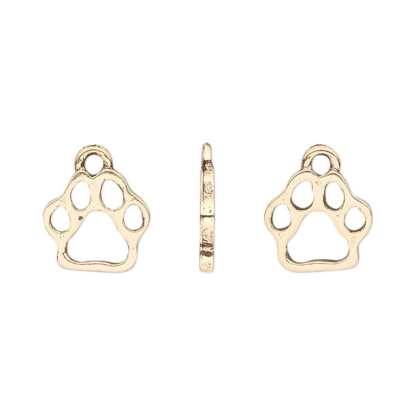 Charm, antique gold-plated pewter (tin-based alloy), 13.5x11mm double-sided paw print. Sold per pkg of 4. image number 0